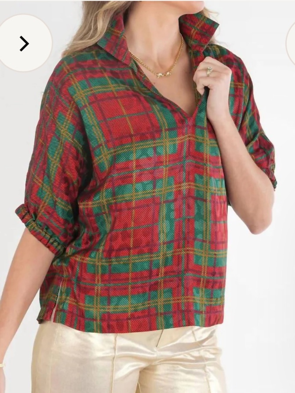 Emily Mccarthy Poppy Top - Red & Green Tartan Cheetah Plaid Lg NWT